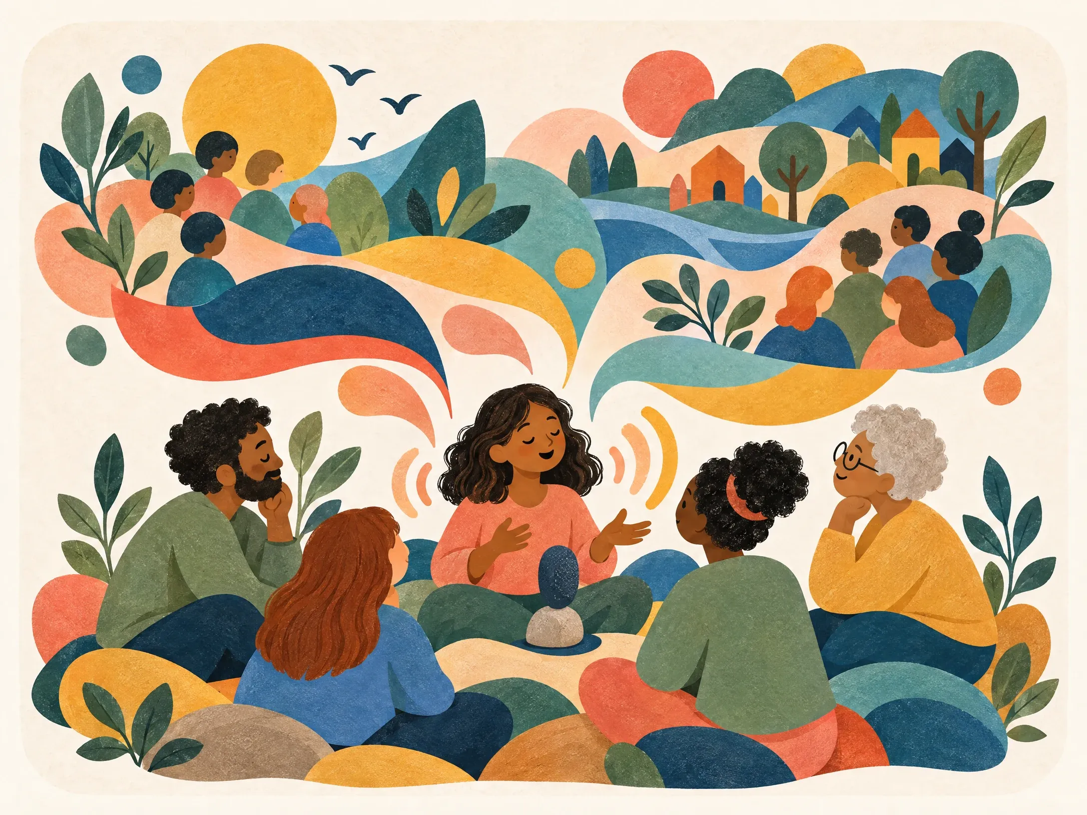 A circle of people in conversation around a microphone, with scenes of communities and playgrounds flowing above them.