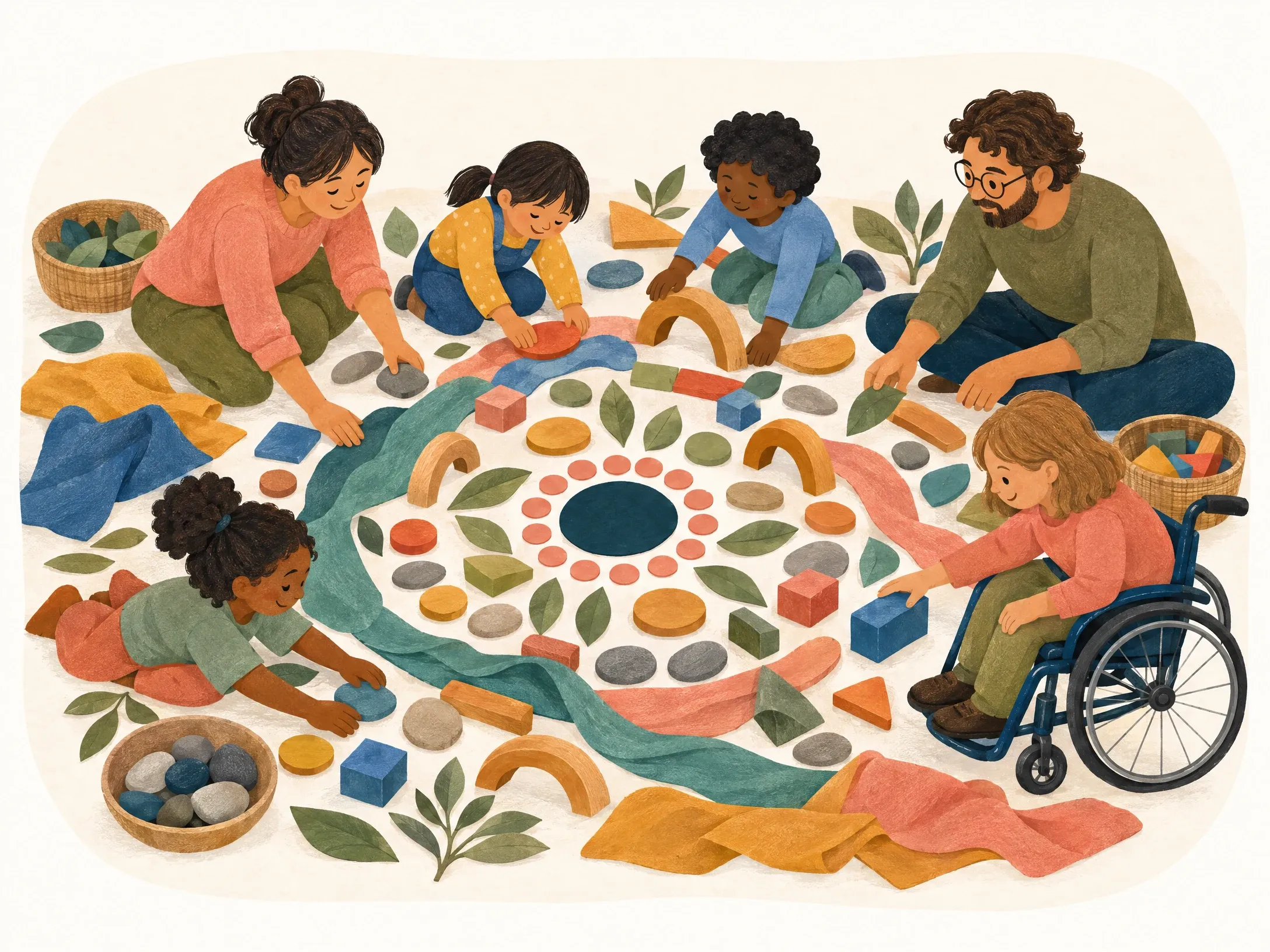 Educators and children, including a wheelchair user, lay out a circular play design from stones, blocks and fabric together.