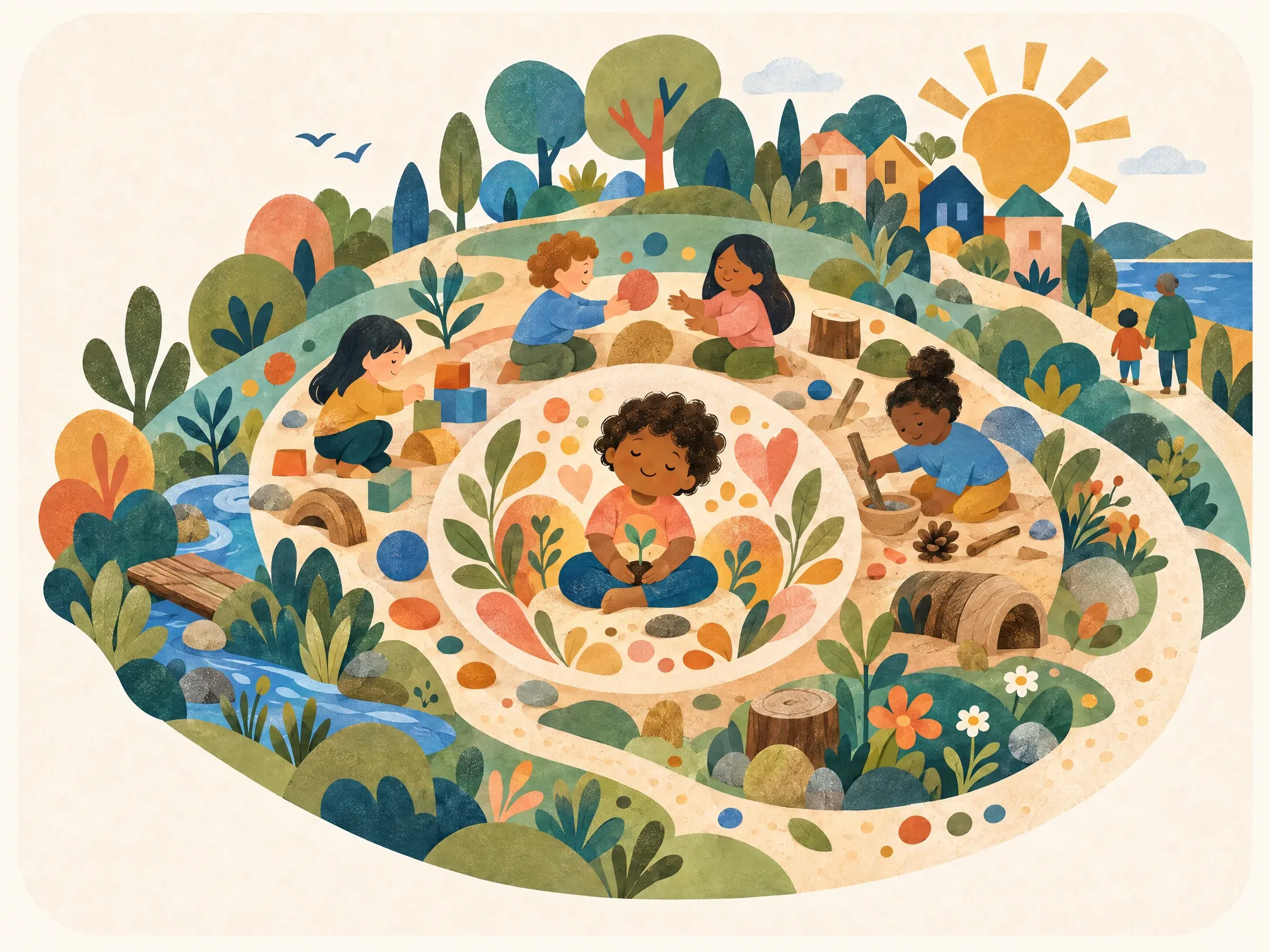 A child tends a seedling at the centre of a circular play landscape, ringed by children playing among water, plants, homes and community.