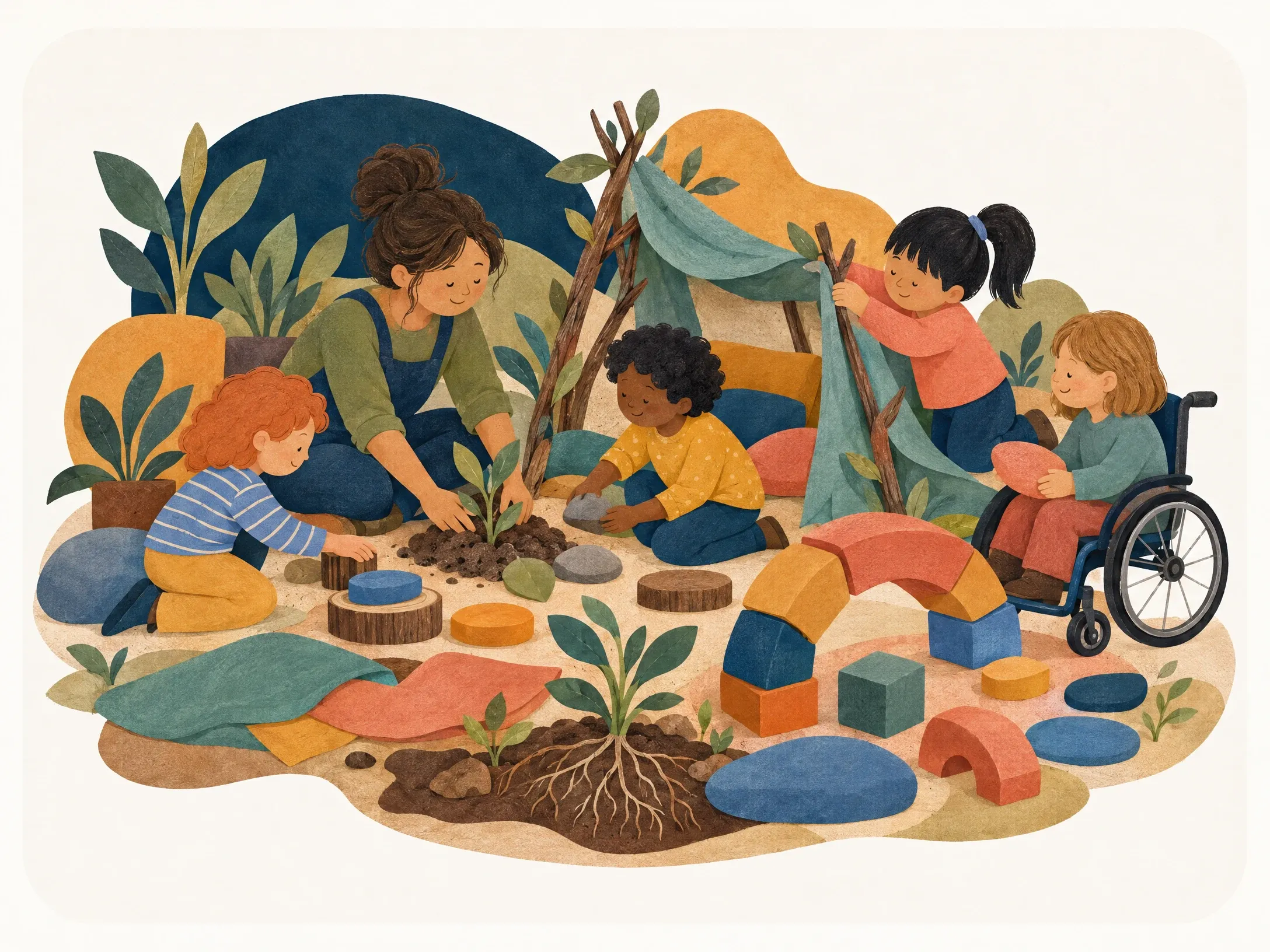An educator kneels with children as they plant seedlings and build a fabric shelter together.