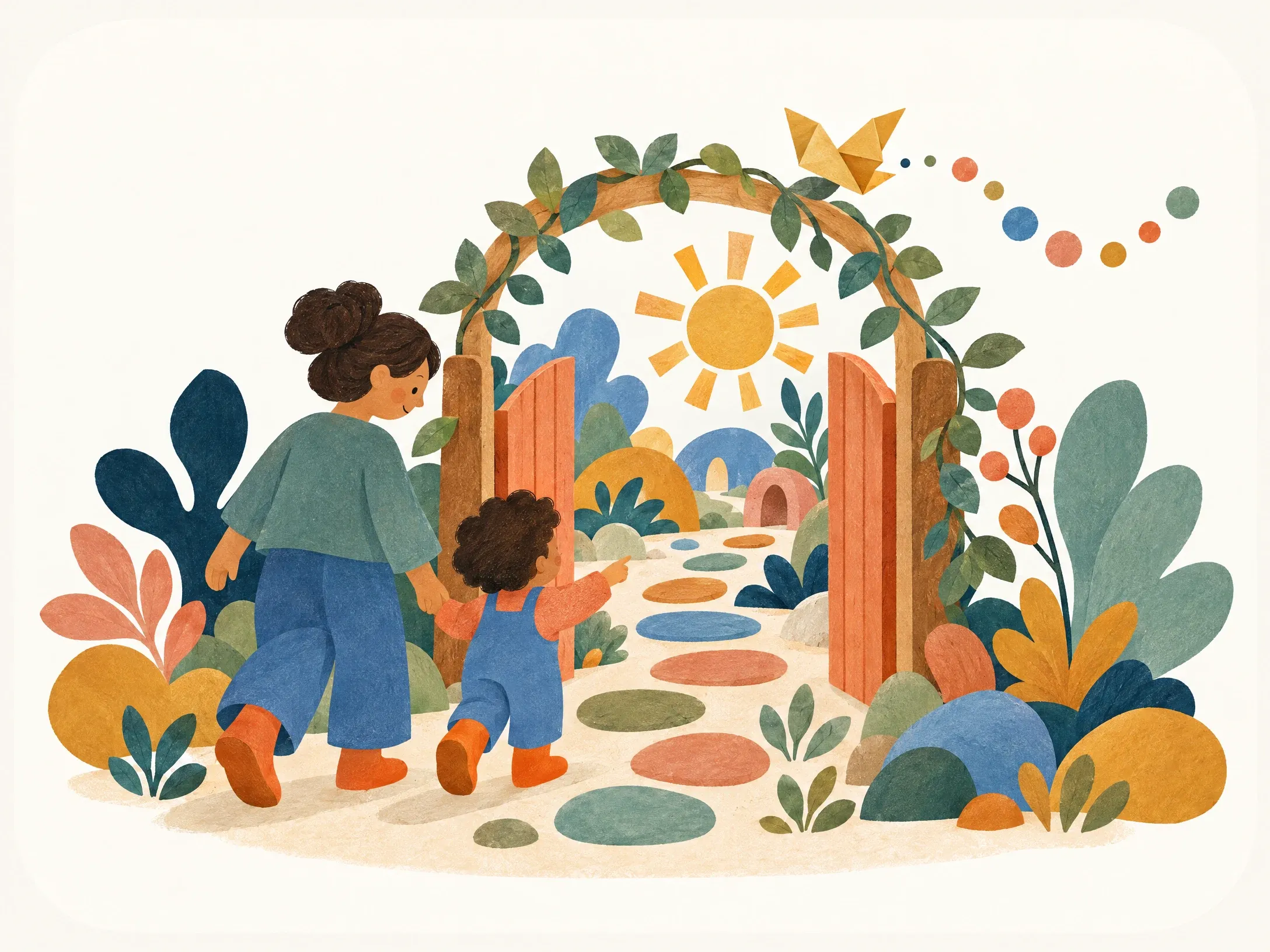An adult and child walk hand in hand through an open garden gate under a leafy archway, towards the sun.
