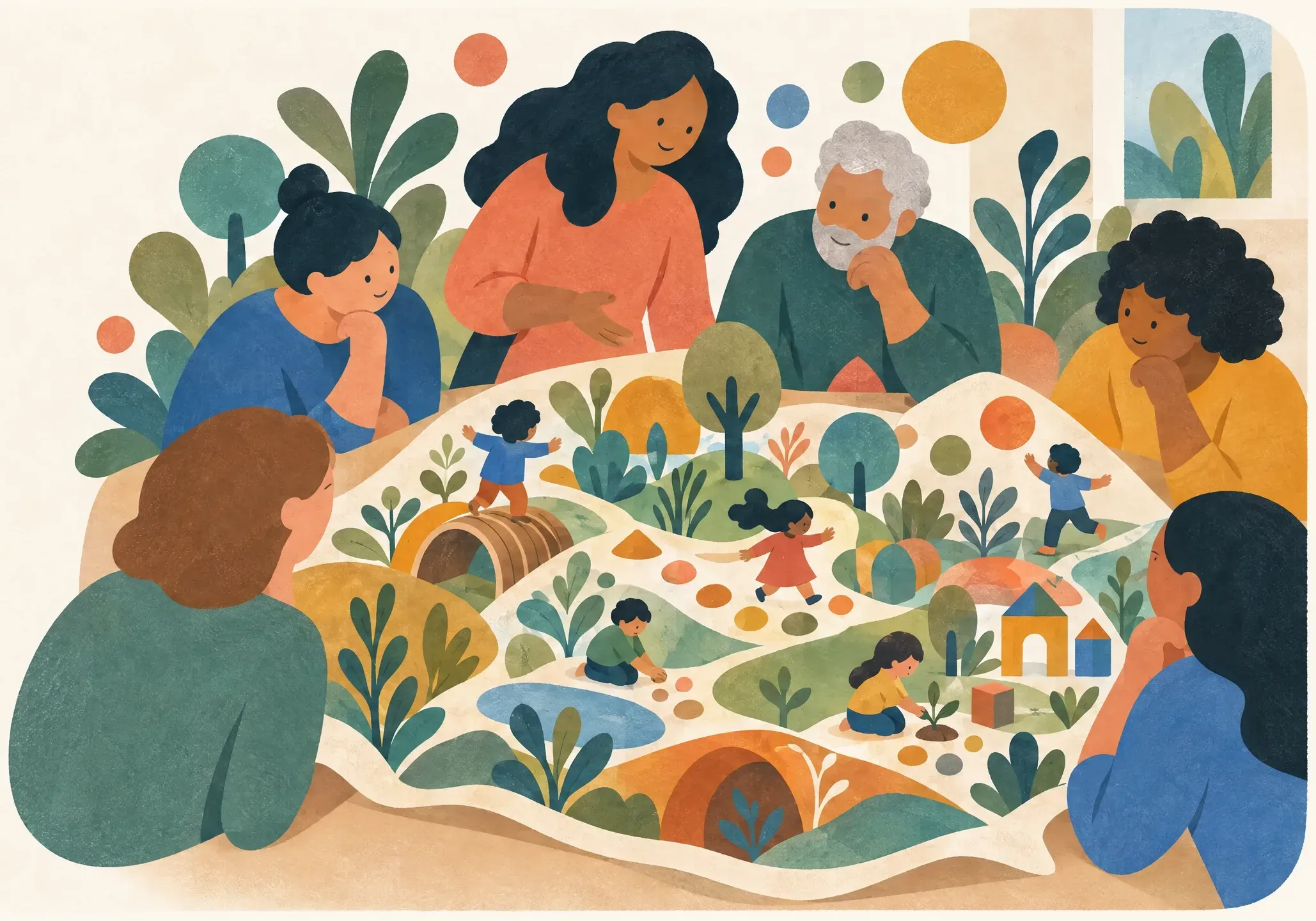 Adults of all ages gather around a living map of a play landscape, studying it together.