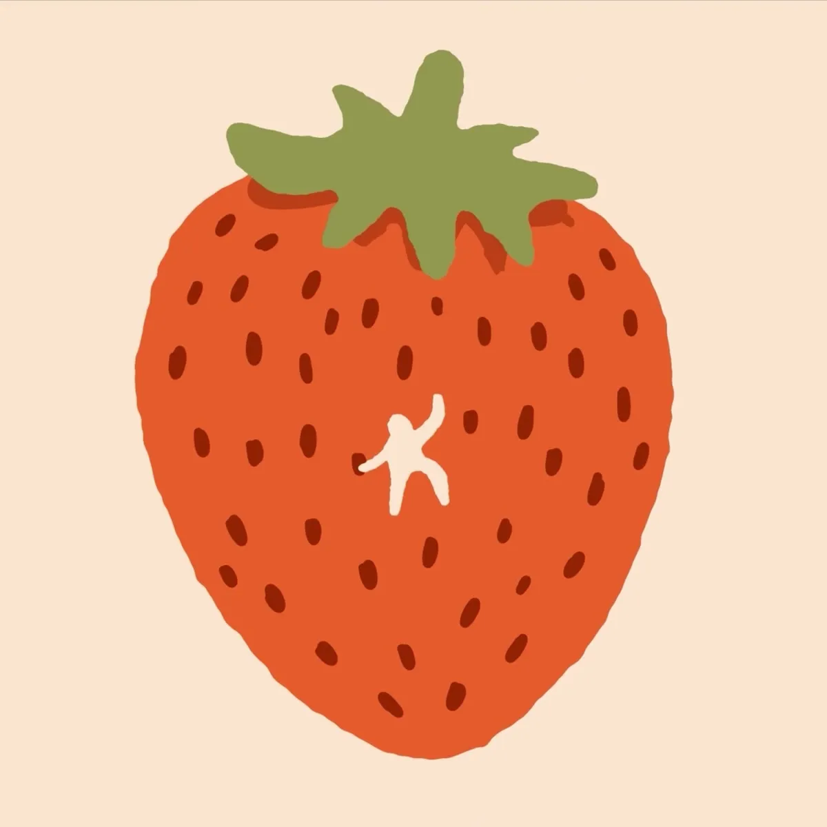 Illustration from the Ecology of Play brand video: a strawberry with a tiny child climbing it.