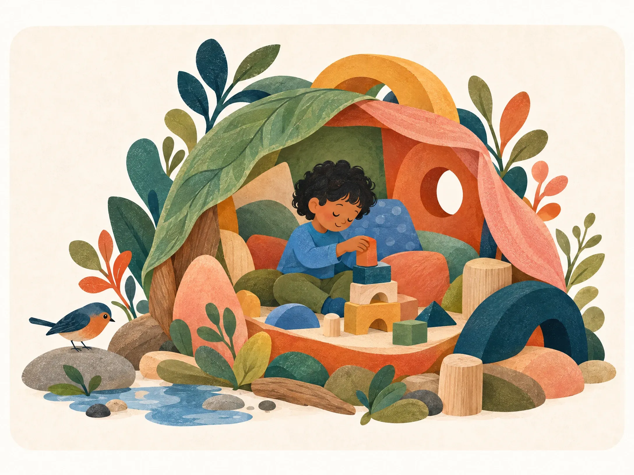 A child builds with blocks inside a sheltering canopy of leaves and soft shapes, watched by a small bird.