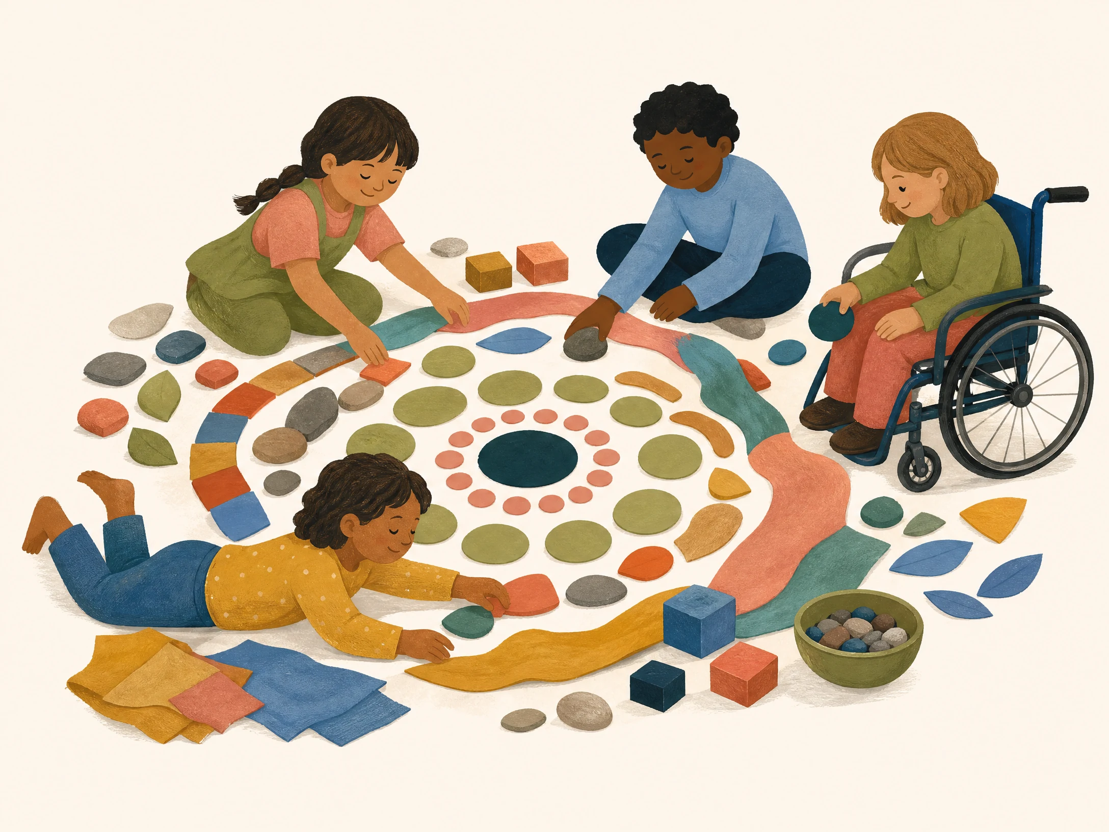 Four children, including a wheelchair user, create a shared pattern from natural materials and colourful shapes.