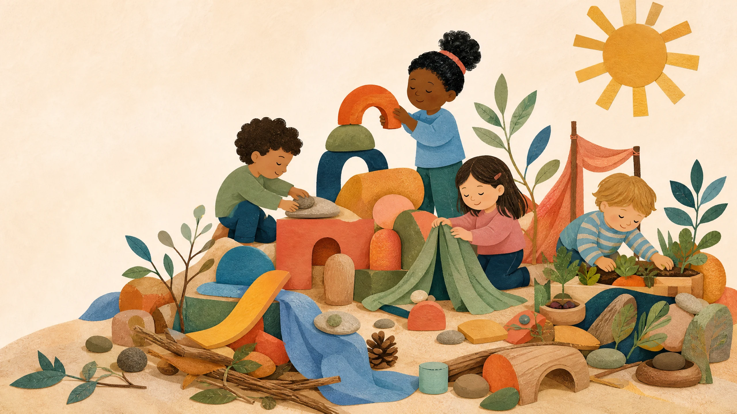 Four children collaboratively build and explore a colourful landscape of blocks, fabric, plants and natural materials.