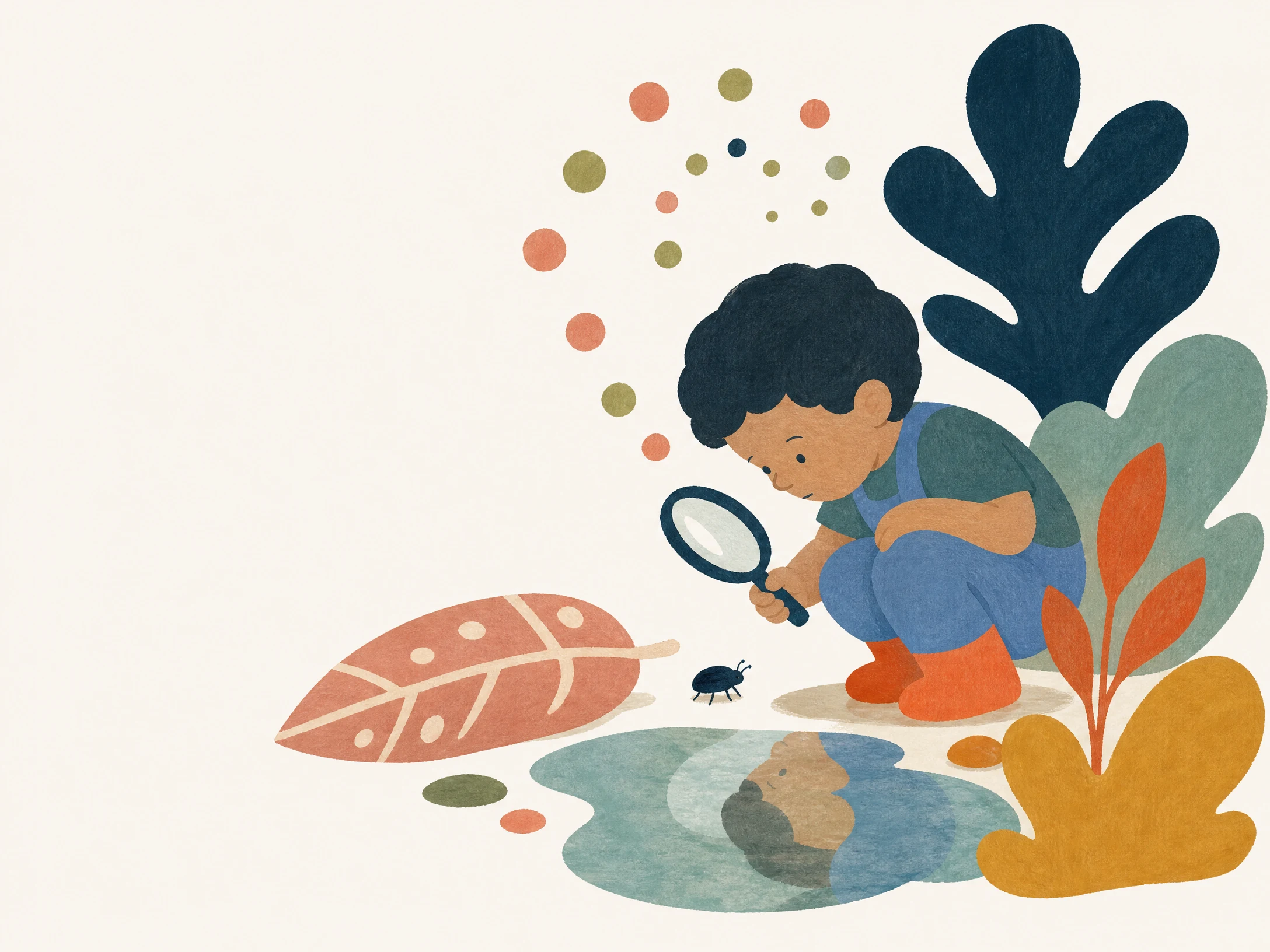 A child uses a magnifying glass to look closely at a beetle beside a leaf and puddle.