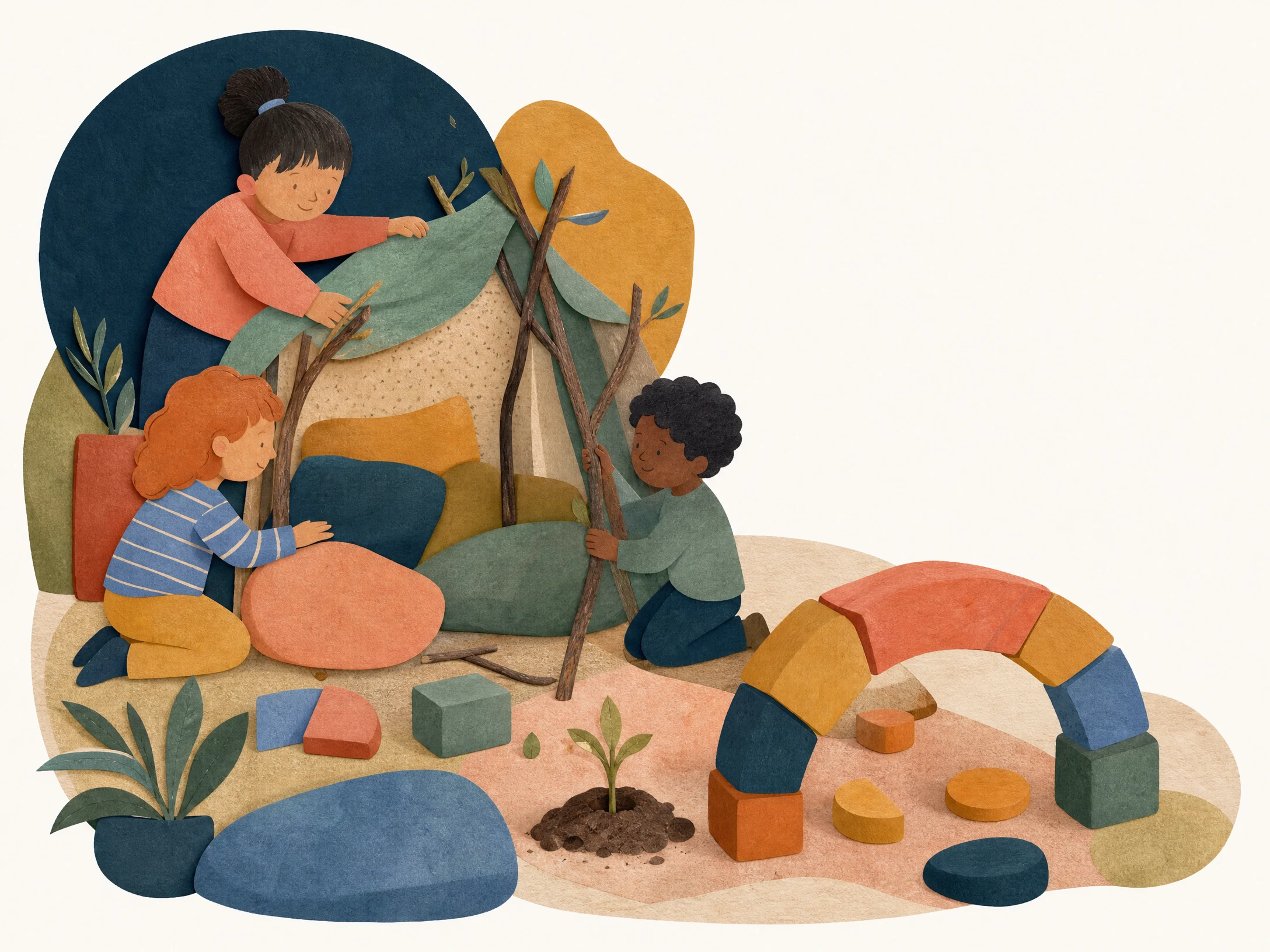 Children co-create a fabric shelter and a curved block arch around a growing plant.