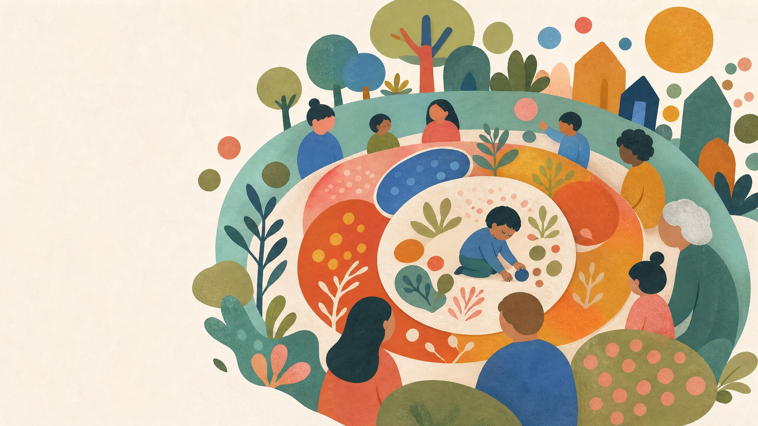 A child at the centre of colourful nested circles is surrounded by people, plants, homes and community.